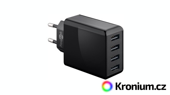 Čtyřkanálový síťový USB adaptér (celkem 6000 mA, 30W) - černý
