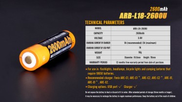 Dobíjecí USB baterie Fenix 18650 2600 mAh (Li-ion)