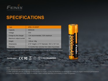 Vysokoproudová baterie Fenix 18650 3000 mAh (Li-ion)