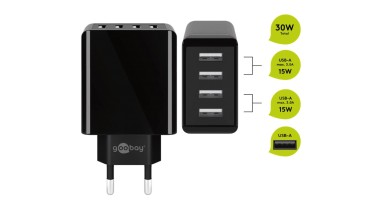 Čtyřkanálový síťový USB adaptér (celkem 6000 mA, 30W) - černý