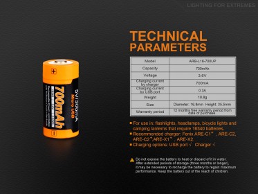 Dobíjecí USB baterie Fenix RCR123A / 16340 High Current (Li-ion)