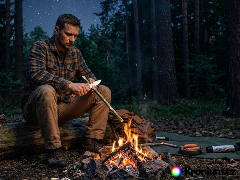 Kapesní nůž a opékání buřtů na ohni